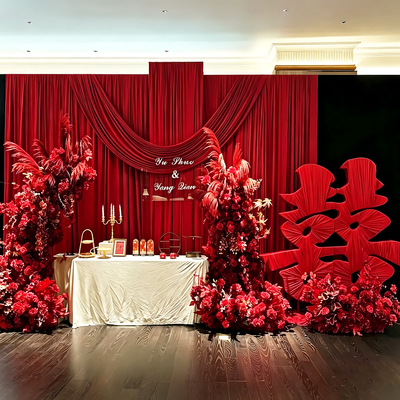 红色韩系订婚宴布置布幔背景墙