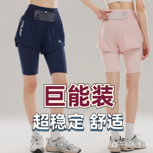新款腰包裤运动短裤女假两件防走光透气压缩裤弹力健身跑步四分裤