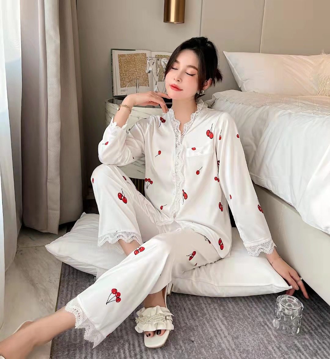 睡衣女性感 2025秋季樱桃印花两件套丝绸长款宽松舒适可爱家居服