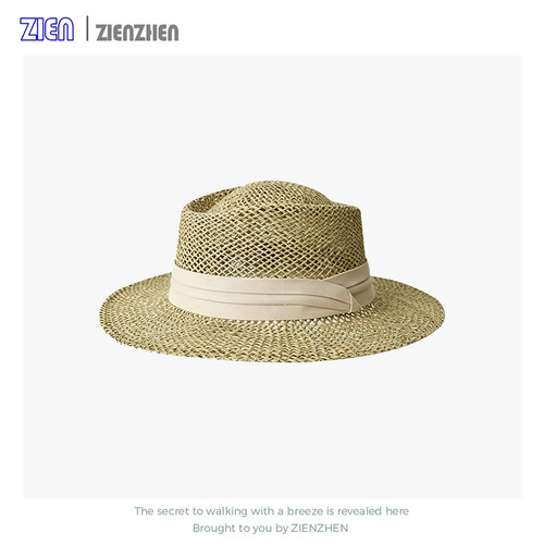 Zien 法式老钱风编织凹顶草帽女夏海边度假风镂空防晒帽遮阳礼帽