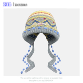 Zien 复古费尔岛提花绑带针织毛线帽子女冬保暖辫子护耳帽显脸小