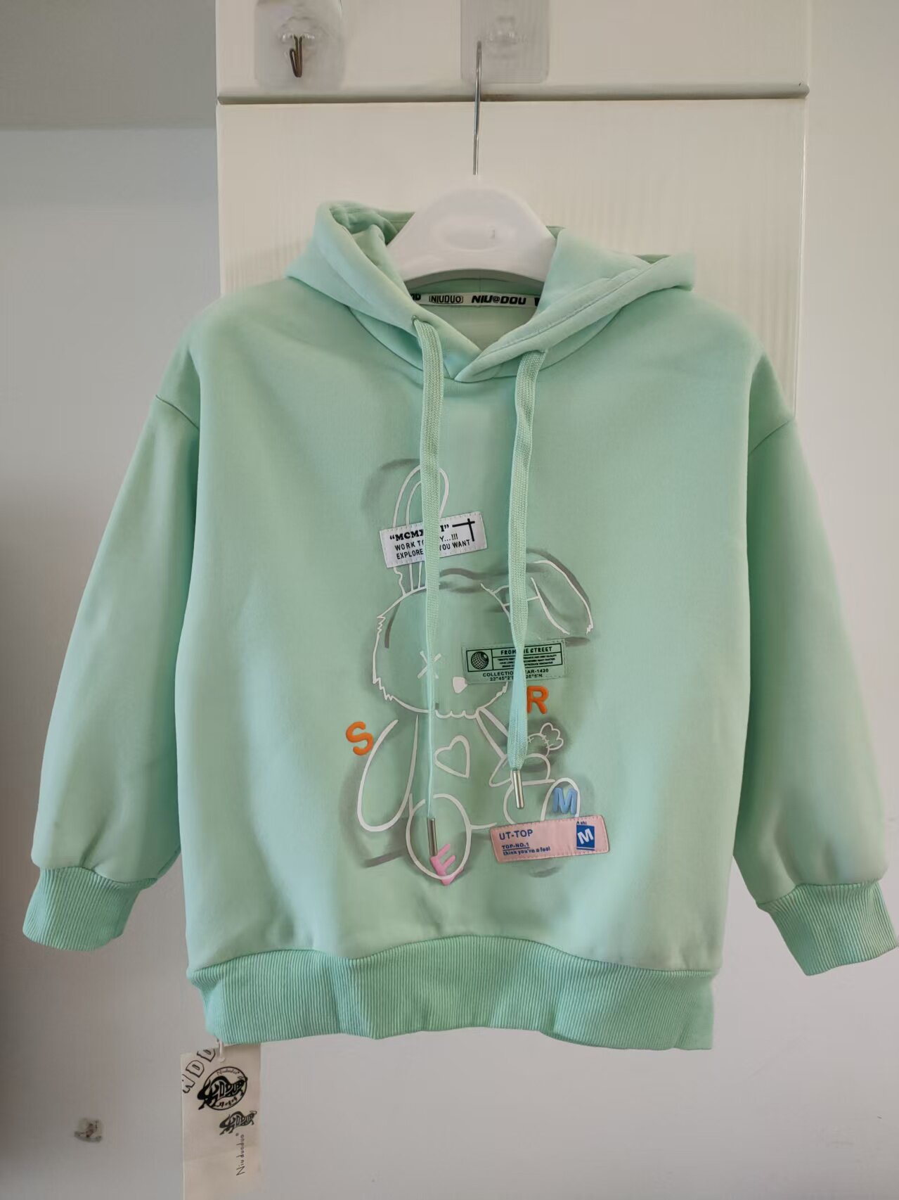 明俐牛哆哆童装冬装新款男女童一体绒连帽卫衣儿童小兔子卡通外套