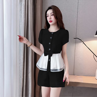 设计感时尚 套装 气质收腰蝴蝶结短袖 显瘦短裤 两件套D2636 衬衫 夏季