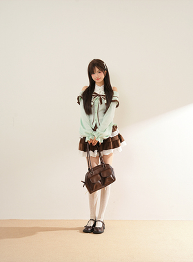 【薄巧芙芙】古早感日系奈奈风可爱套装女蛋糕短裙+拼接露肩毛衣