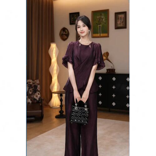 两件套2026夏季新款女极简风轻熟时尚短袖上衣裤子国风套装D5212