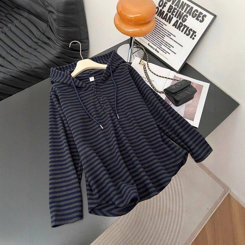 韩版chic撞色条纹连帽长袖T恤女