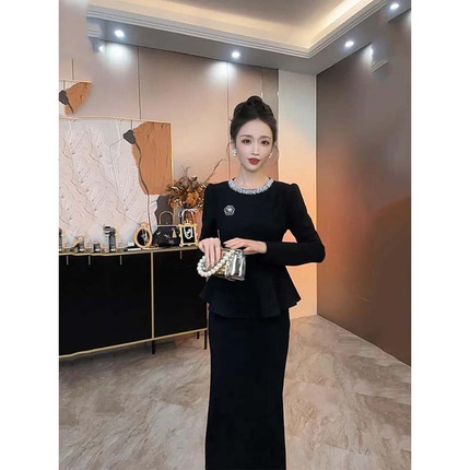 （现货）两件套2025春秋季新气质修身褶边上衣半裙两件套D3845