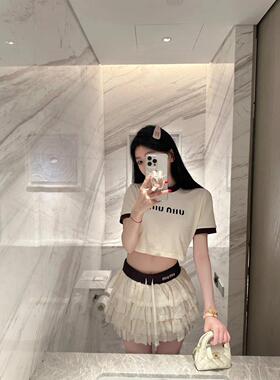 夏季南油高版少女系短袖印花字母学院风圆领正肩短T恤上衣套装ins