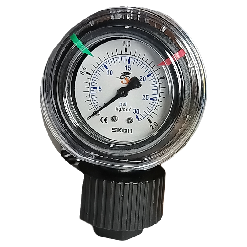 SKON台湾压力表径向PP充油直立式压力表2kg30psi1/2NPT送保护罩