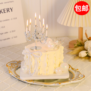 唯美女神情人节蛋糕装 饰复古烛台摆件情侣告白珍珠蝴蝶结皇冠插件