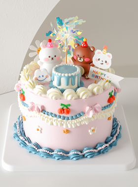 复古ins风软胶小动物蛋糕装饰摆件熊兔儿童宝宝生日周岁烘焙插件