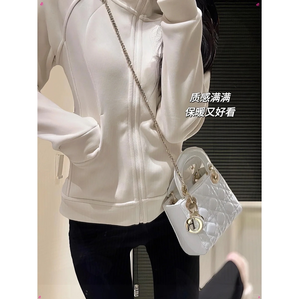 白色摇粒绒外套女2025新款秋冬加绒加厚连帽卫衣内搭修身瑜伽上衣