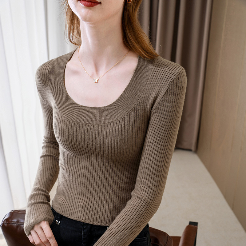 坑条针织打底衫女2025新款女装显瘦U领长袖秋冬内搭性感辣妹上衣