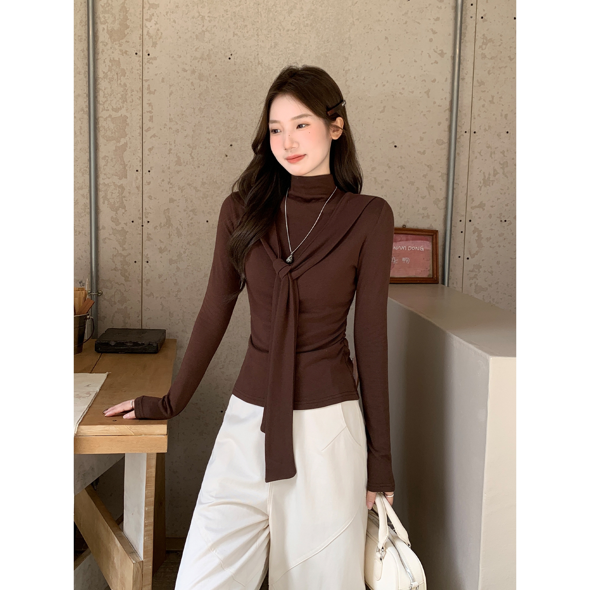 海军领小立领长袖T恤女装2025新款秋季设计感修身打底衫内搭上衣