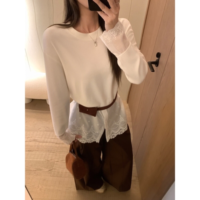 白色下摆蕾丝内搭叠穿长款加绒打底衫女秋冬磨毛加厚T恤长袖上衣