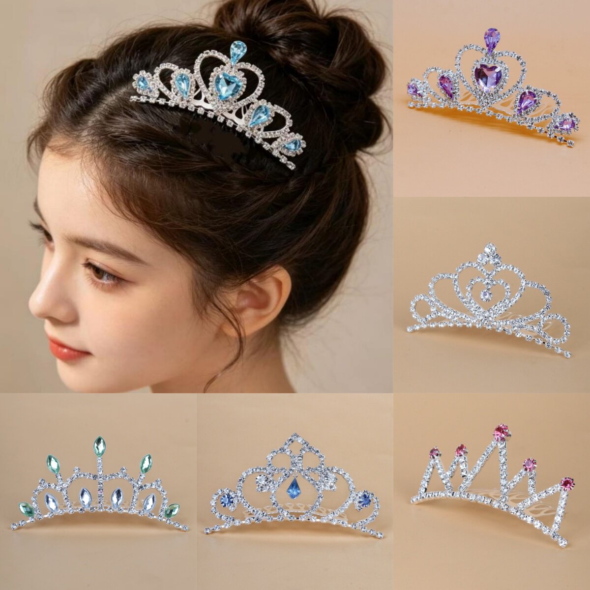 女童皇冠头饰插梳儿童可爱公主发饰节日发卡女孩彩色钻发夹发梳