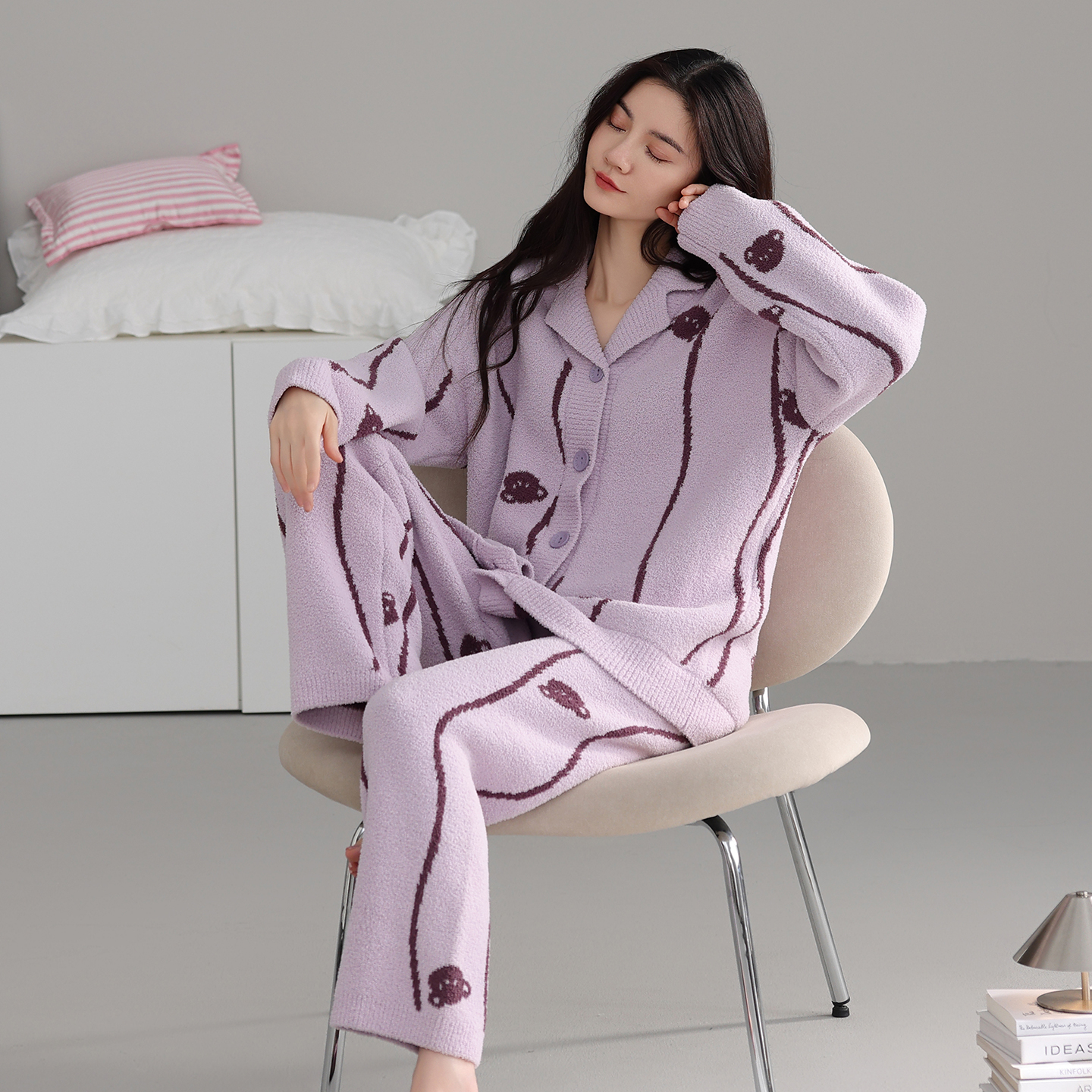 少女翻领开衫半边绒家居服套装