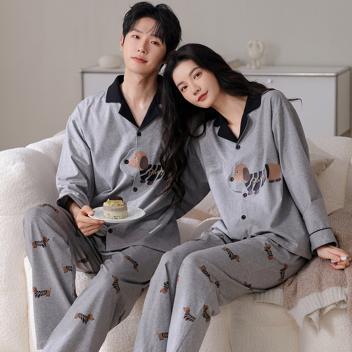 卡通可爱风情侣睡衣春秋纯棉长袖开衫小狗印花家居服套装休闲外穿