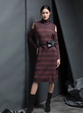 高端精品女装轻奢品牌墨ye2019新款羊毛针织长款条纹连衣裙86901