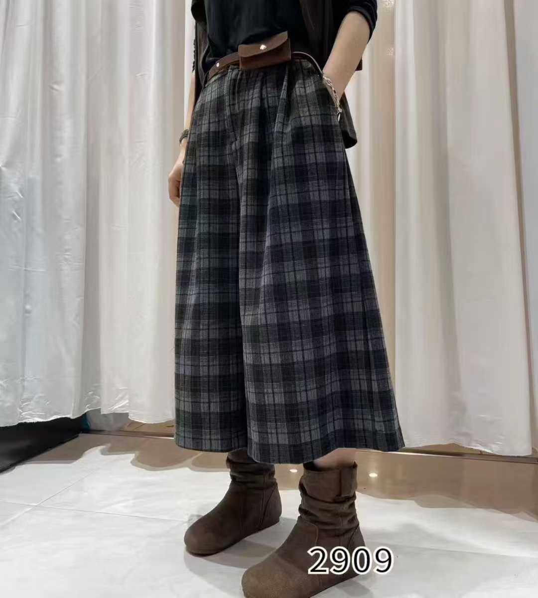 2025秋新款韩版时尚高腰显瘦格子直筒裤女宽松休闲百搭阔腿九分裤