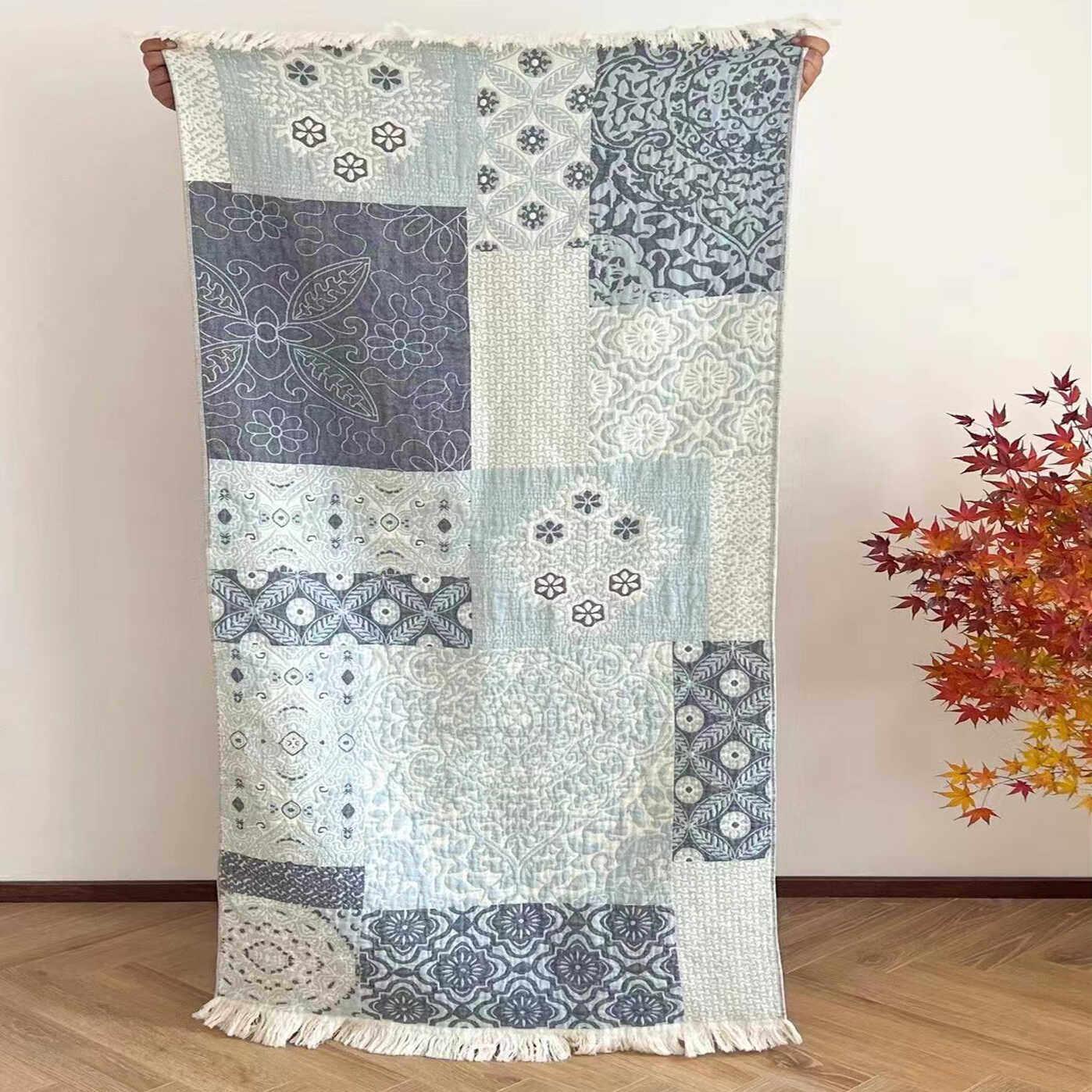 威廉-蓝染全棉四层纱布盖毯办多功能披肩毯浴巾纯棉沙发小毯子