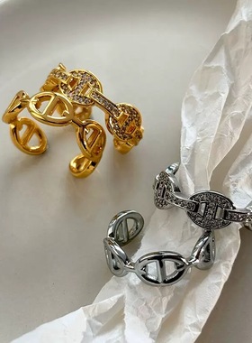 不掉色金银开口食指猪鼻子戒指女小众设计精致轻奢时尚个性尾戒子