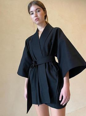 海狸Hailey同款黑色纯欲风浴袍性感家居服宽松系带连衣裙中长款女