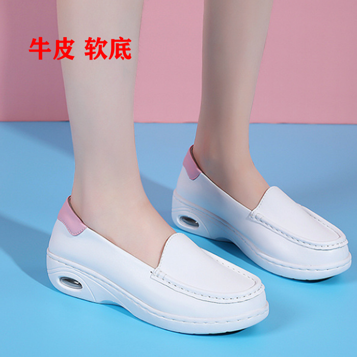 夏季真皮女鞋2025新款白色坡跟舒适软底护士鞋时尚百搭休闲小白鞋