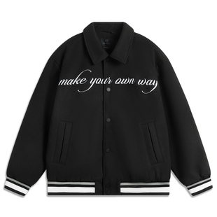 中国李宁韦德系列男子保暖宽松棉夹克字母印花单排扣外套AJMU027