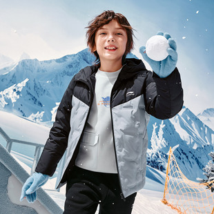 中国李宁运动生活系列男女小大童撞色连帽鸭绒短羽绒服YYMU099