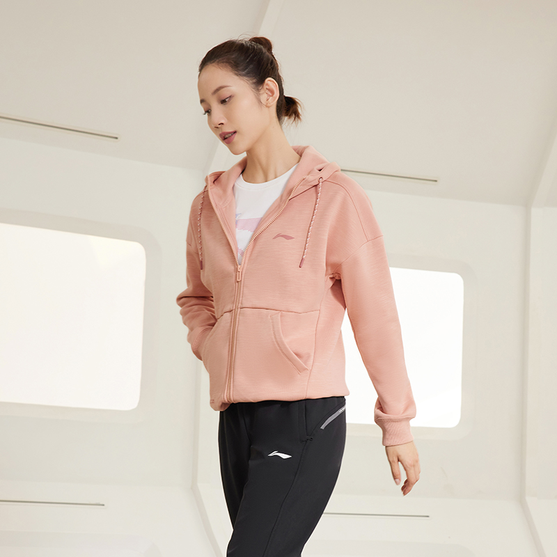 李宁健身女子连帽宽松外套保暖