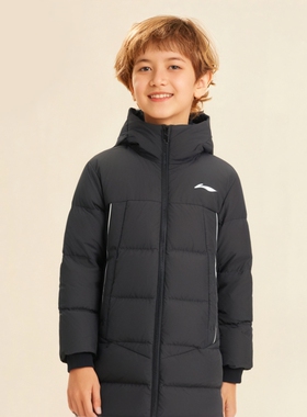 中国李宁男大童篮球反光宽松鸭绒超长羽绒服连帽外套保暖YYMT007