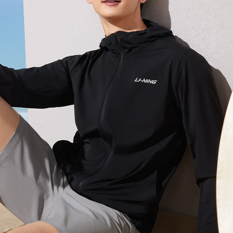 中国李宁健身系列男子修身运动上衣高倍防晒开衫连帽卫衣AWDT569