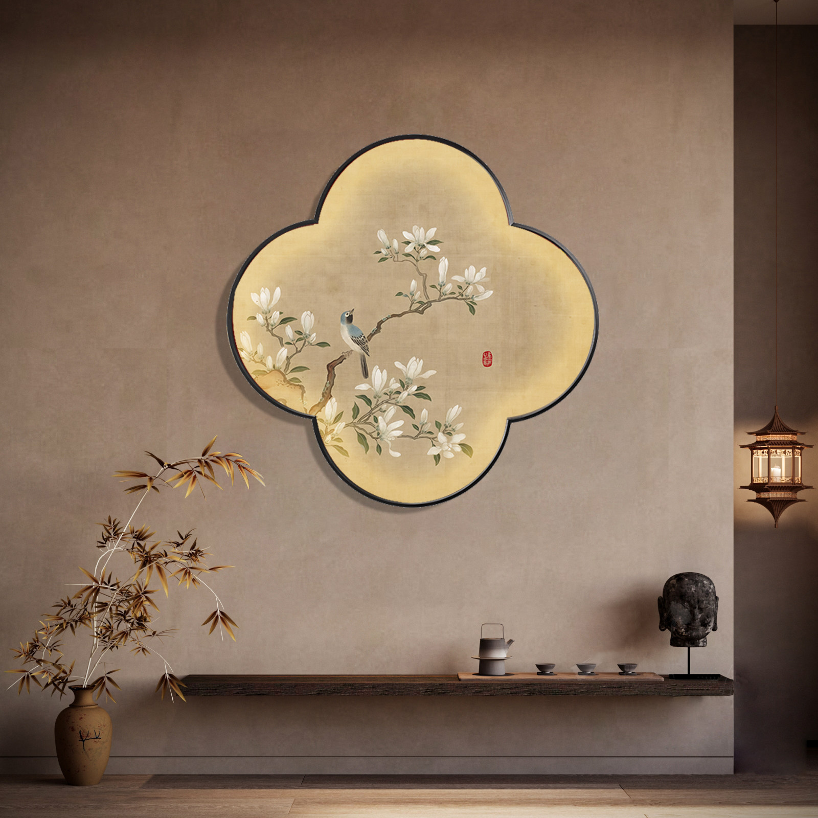 花鸟复古画新中式装饰画梅花形玄关挂画客厅沙发背景墙壁画带灯