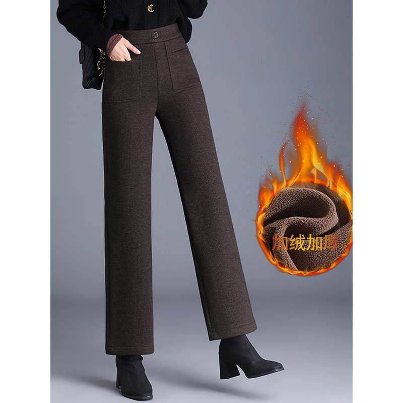 中年妈妈窄版阔腿裤女2025新款冬季羊毛呢直筒裤加绒加厚休闲裤子