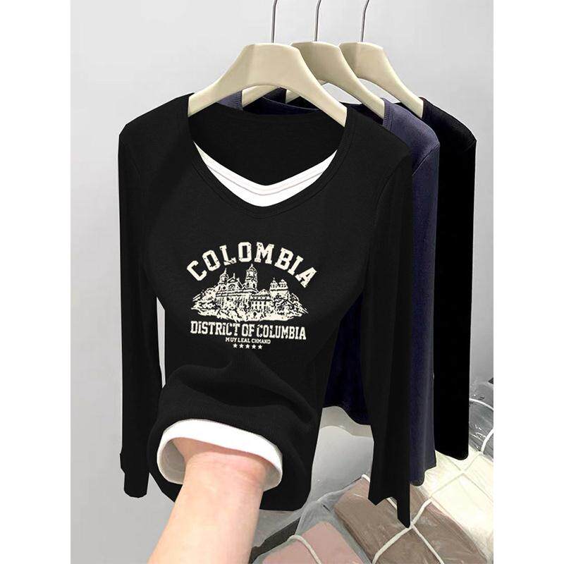 韩国新款假两件V领纯棉正肩长袖t恤女设计感黑色打底衫上衣春秋季