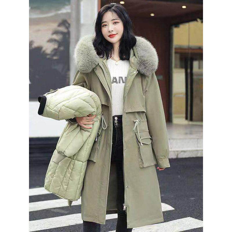 派克服女士冬季新款时尚气质收腰可拆卸加厚宽松中长款羽绒棉外套