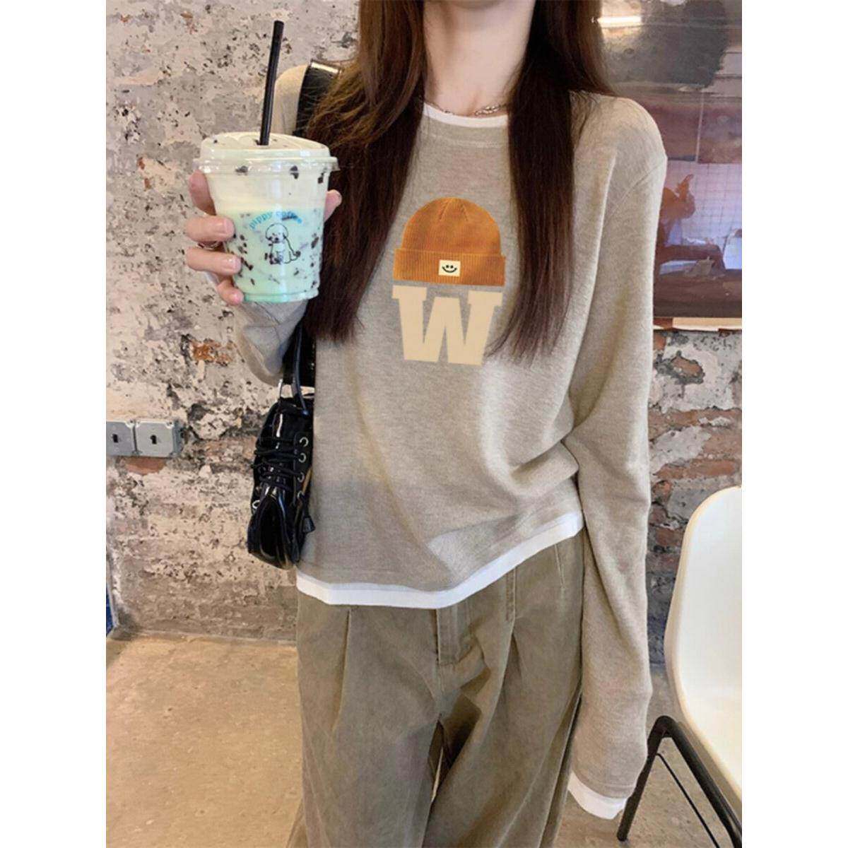 韩国春秋松弛感2025新款圆领打底衫女慵懒假两件长袖纯棉T恤上衣