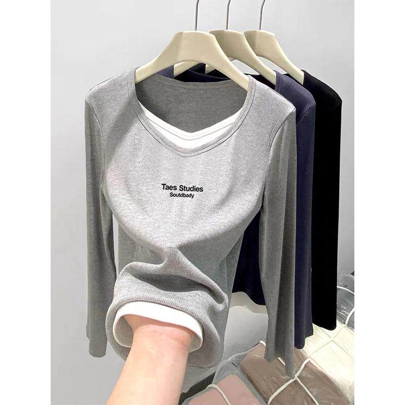 韩国假两件V领纯棉长袖t恤女装2025新款设计时尚灰色上衣春秋季