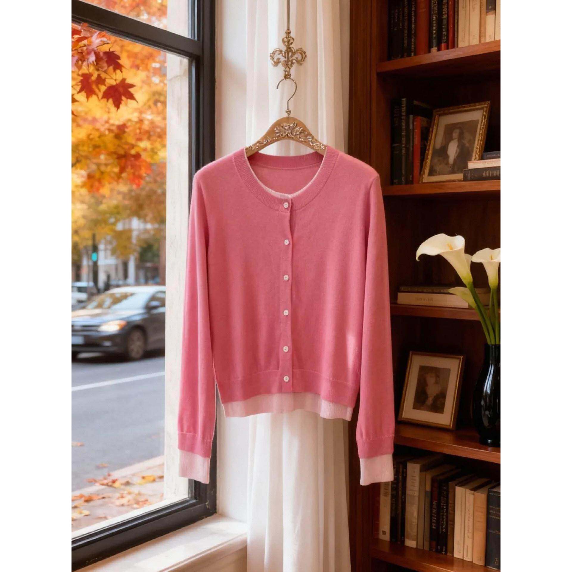 韩国小香风假两件粉色针织开衫女外套秋冬新款小个子甜美减龄毛衣