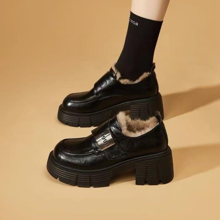韩国真皮乐福鞋女2025春新款秋冬女鞋加绒棉鞋黑色女士厚底小皮鞋