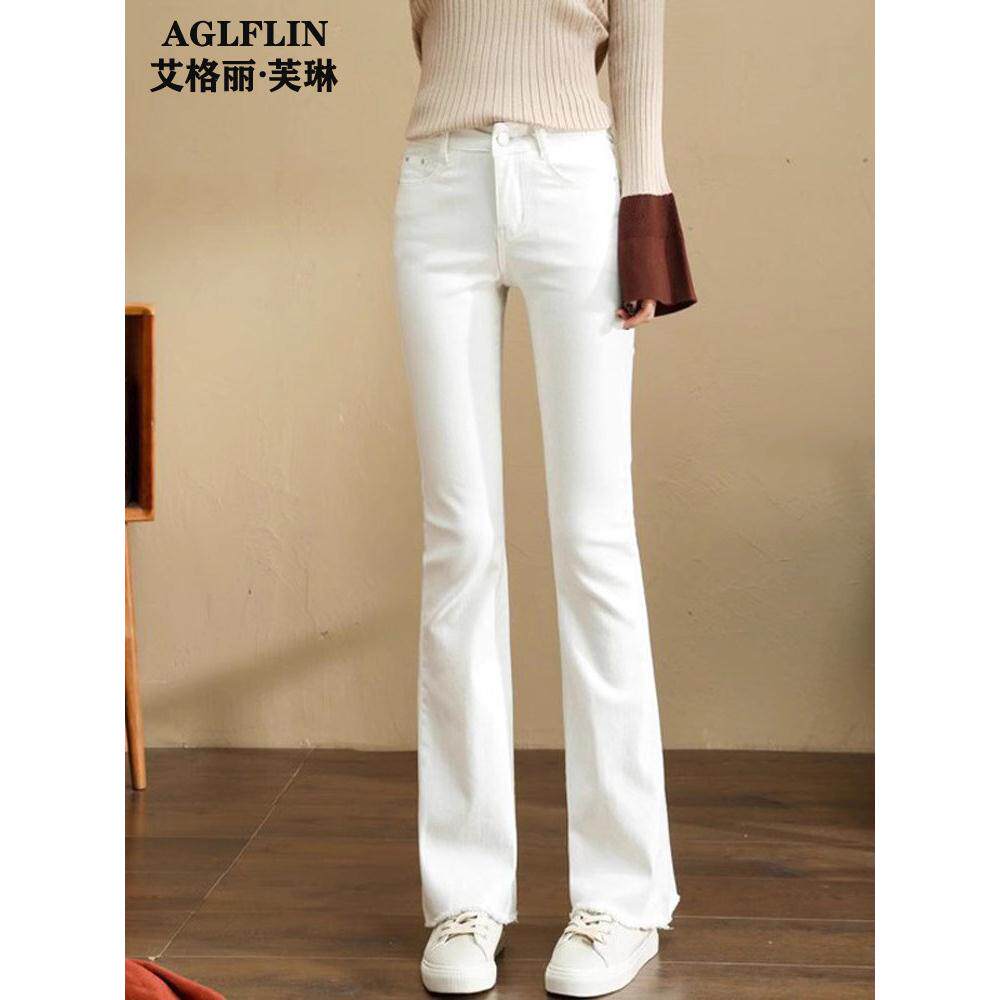 白色高腰牛仔裤女2025春秋新款韩版覆古弹力小个子毛边微喇叭裤子