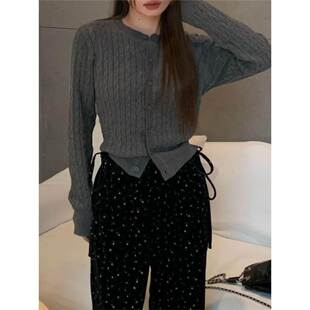 Rouje tusse灰色麻花羊绒毛衣外套女秋冬内搭针织开衫打底羊毛衣