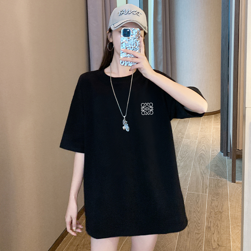 韩国中长款纯棉黑色短袖t恤女2025夏季新款宽松大码半袖体恤上衣