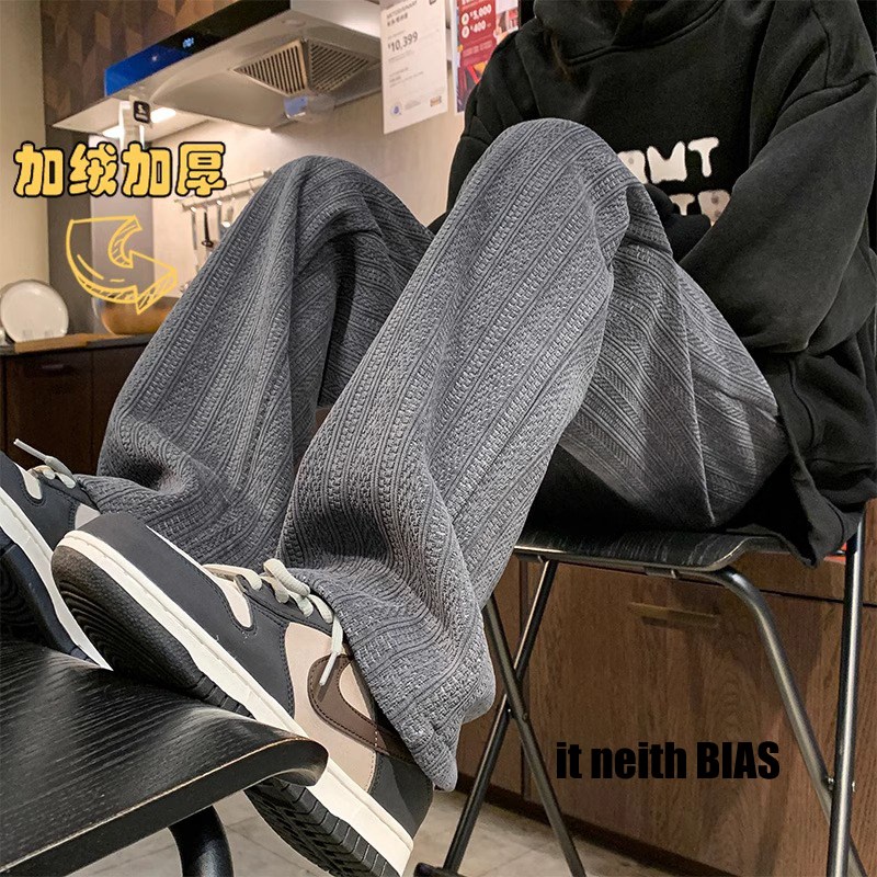 it neith BIAS复古麦穗纹裤子男款春秋季宽松直筒加绒松弛休闲裤
