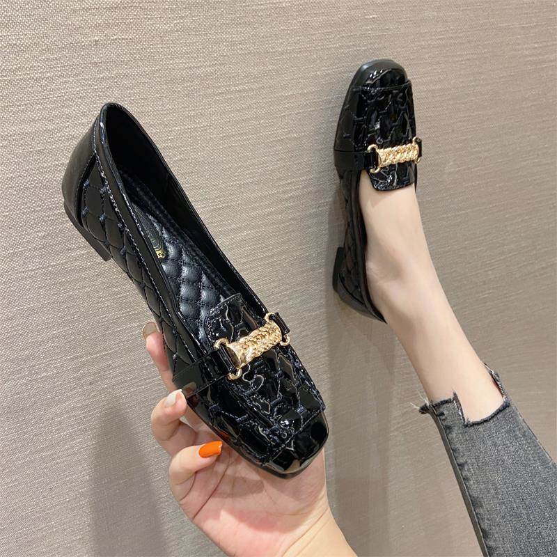 店主自留新款~真皮方头单鞋女大码法式浅口平底黑色瓢鞋豆豆鞋