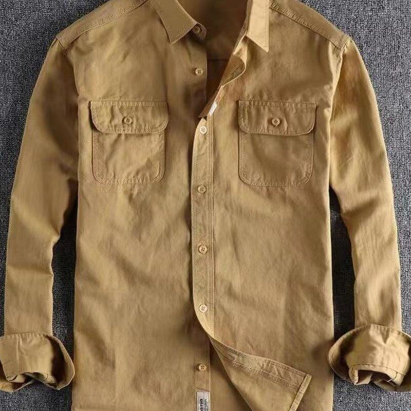 香港潮男秋新欧美覆古棉男长袖衬衫百搭工装休闲衬衫采购