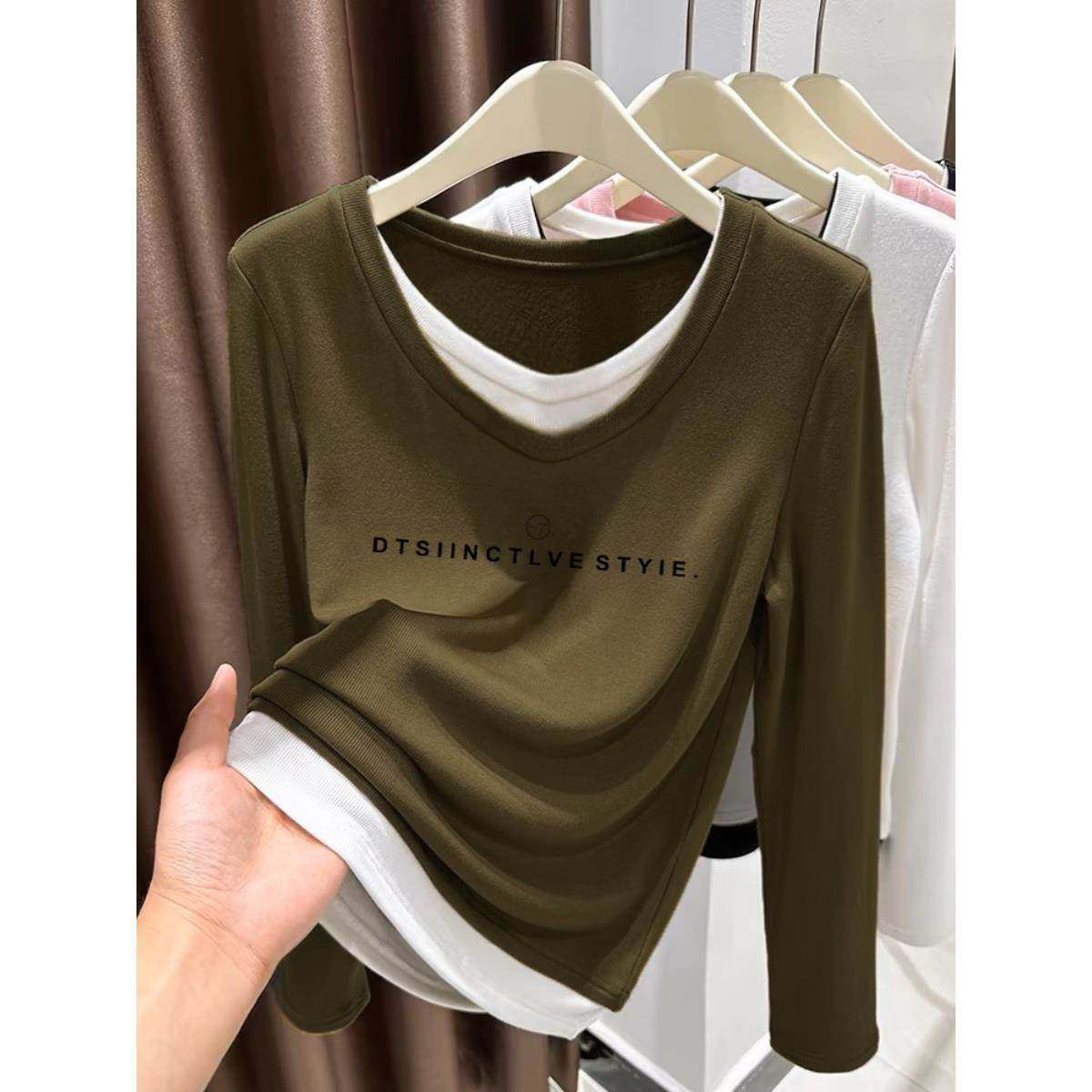 韩国纯棉假两件V领长袖t恤女2025春秋季小众设计感洋气打底衫上衣