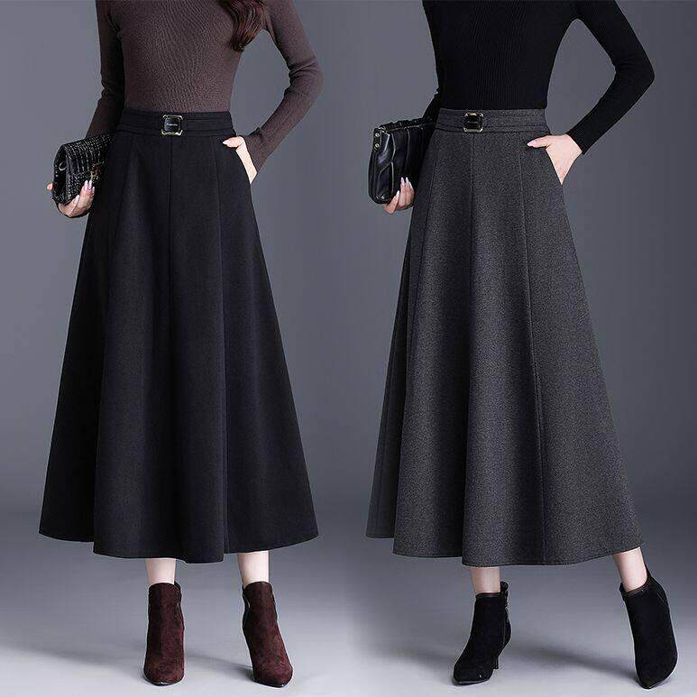 毛呢半身裙女士秋冬新款时尚高腰显瘦遮胯加厚中长款A字百褶伞裙