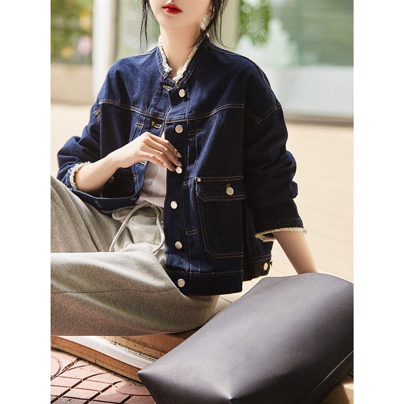 覆古帅气深蓝牛仔上衣2025新款时尚休闲 宽松夹克长袖春秋女